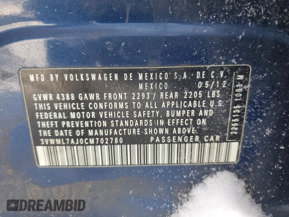 2012 Volkswagen Jetta TDI with VIN 3VWML7AJ0CM702780, listed as a Copart auction lot 43163525 with 115,587 mi miles and Salvage title. Bid and sale history available at DreamBid. Image 12.