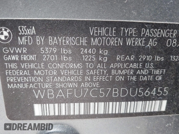 2011 BMW 5 Series 535i xDrive with VIN WBAFU7C57BDU56455, listed as a IAAI auction lot 41615376 with 112,763 mi miles. Bid and sale history available at carsss.com. Image 9.