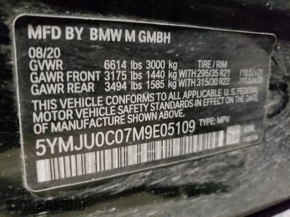 2021 BMW X5 M z VIN 5YMJU0C07M9E05109, wystawiony jako Copart lot #86393584 z przebiegiem 47 274 mil mil oraz Szkoda całkowita • Salvage title. Historia ofert i sprzedaży dostępna na DreamBid. Obrazek 13.