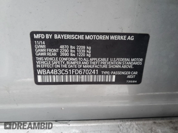 2015 BMW 4 Series 435i xDrive with VIN WBA4B3C51FD670241, listed as a Copart auction lot 41464845 with 81,780 mi miles and Salvage Title. Bid and sale history available at DreamBid. Image 13.