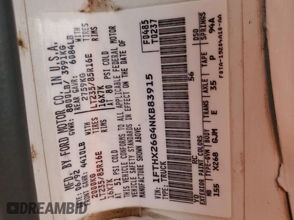 1992 Ford F-250 z VIN 1FTHX26G4NKB83915, wystawiony jako Copart lot #55854535 z przebiegiem Nie podano mil oraz Szkoda całkowita • Salvage title. Historia ofert i sprzedaży dostępna na DreamBid. Obrazek 12.