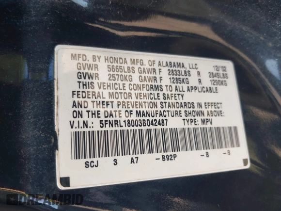 2003 Honda Odyssey EX-L with VIN 5FNRL18003B042487, listed as a IAAI auction lot 42604399 with 188,126 mi miles and . Bid and sale history available at DreamBid. Image 9.