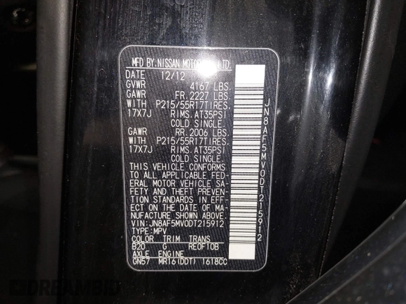 2013 Nissan Juke SL z VIN JN8AF5MV0DT215912, wystawiony jako IAAI lot #42281543 z przebiegiem 154 119 mil mil oraz . Historia ofert i sprzedaży dostępna na DreamBid. Obrazek 9.