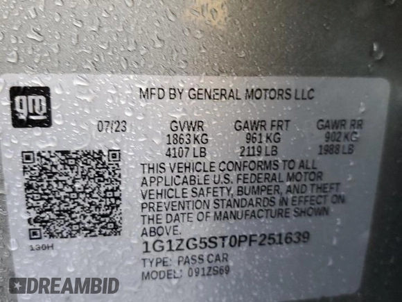 2023 Chevrolet Malibu RS with VIN 1G1ZG5ST0PF251639, listed as a Copart auction lot 45088955 with 33,962 mi miles and Salvage Title. Bid and sale history available at DreamBid. Image 12.