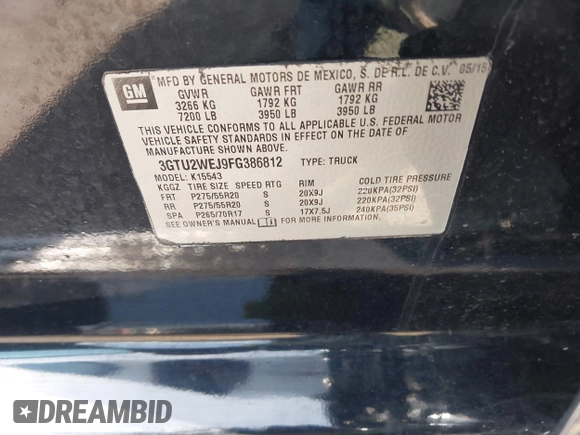2015 GMC Sierra 1500 Denali z VIN 3GTU2WEJ9FG386812, wystawiony jako IAAI lot #42381651 z przebiegiem 138 009 mil mil oraz . Historia ofert i sprzedaży dostępna na DreamBid. Obrazek 9.