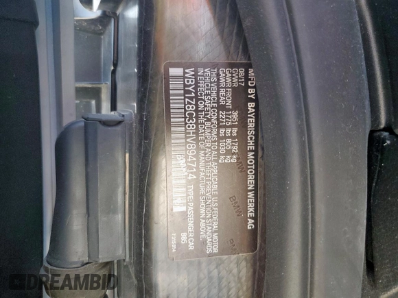 2017 BMW i3 with VIN WBY1Z8C38HV894714, listed as a Copart auction lot 57520835 with 45,860 mi miles and Salvage title. Bid and sale history available at DreamBid. Image 12.