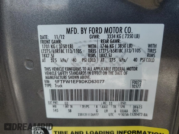 2013 Ford F-150 XL with VIN 1FTFW1EF9DKD63077, listed as a Copart auction lot 51433935 with 134,385 mi miles and Clean Title. Bid and sale history available at carsss.com. Image 12.