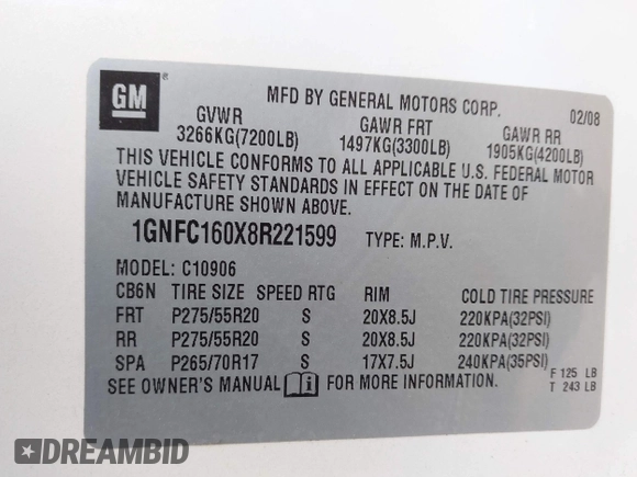 2008 Chevrolet Suburban LTZ z VIN 1GNFC160X8R221599, wystawiony jako IAAI lot #42774069 z przebiegiem 135 406 mil mil oraz . Historia ofert i sprzedaży dostępna na DreamBid. Obrazek 9.