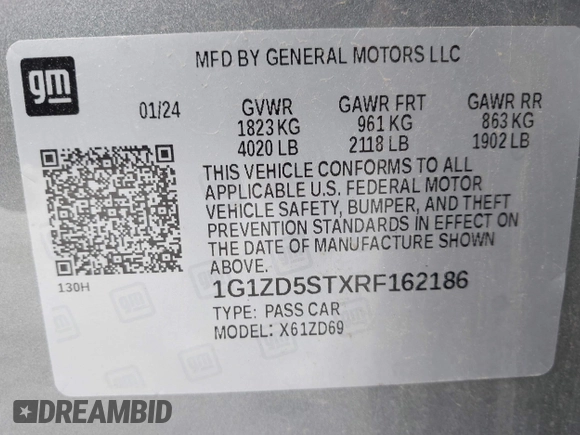2024 Chevrolet Malibu LT with VIN 1G1ZD5STXRF162186, listed as a IAAI auction lot 42123021 with Not Provided miles and . Bid and sale history available at DreamBid. Image 9.