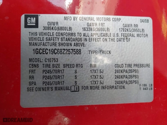 2008 Chevrolet Silverado 1500 Work Truck with VIN 1GCEC19C68Z257588, listed as a IAAI auction lot 41481097 with 194,145 mi miles. Bid and sale history available at carsss.com. Image 9.