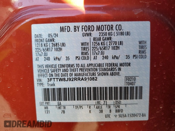 2024 Ford Maverick XLT z VIN 3FTTW8J92RRA91082, wystawiony jako Copart lot #41897715 z przebiegiem 3 702 mil mil oraz Szkoda całkowita • Salvage title. Historia ofert i sprzedaży dostępna na DreamBid. Obrazek 13.