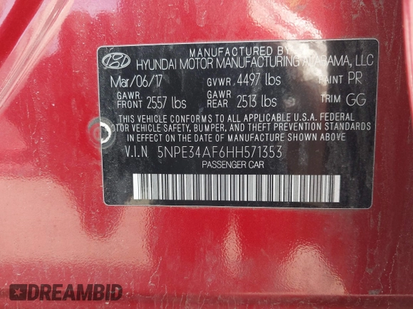 2017 Hyundai Sonata Sport with VIN 5NPE34AF6HH571353, listed as a IAAI auction lot 41796296 with 102,196 mi miles. Bid and sale history available at carsss.com. Image 9.