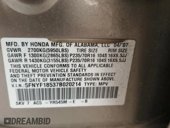 2007 Honda Pilot EX-L with VIN 5FNYF18537B020214, listed as a Copart auction lot 51494905 with 231,880 mi miles and Salvage Title. Bid and sale history available at DreamBid. Image 13.