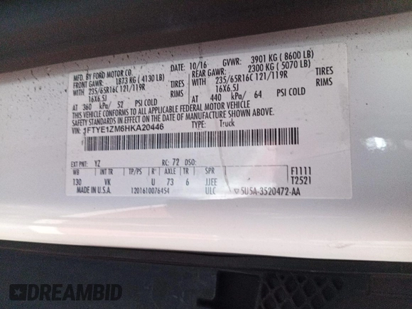 2017 Ford Transit с VIN 1FTYE1ZM6HKA20446, выставлен на аукционе IAAI как лот 42854298 с пробегом 192 005 миль миль и . История ставок и продаж доступна на DreamBid. Изображение 3.