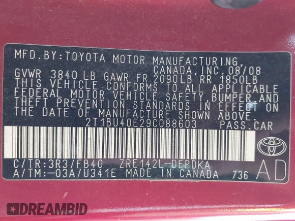 2009 Toyota Corolla with VIN 2T1BU40E29C088603, listed as a IAAI auction lot 41745371 with 189,517 mi miles. Bid and sale history available at carsss.com. Image 9.