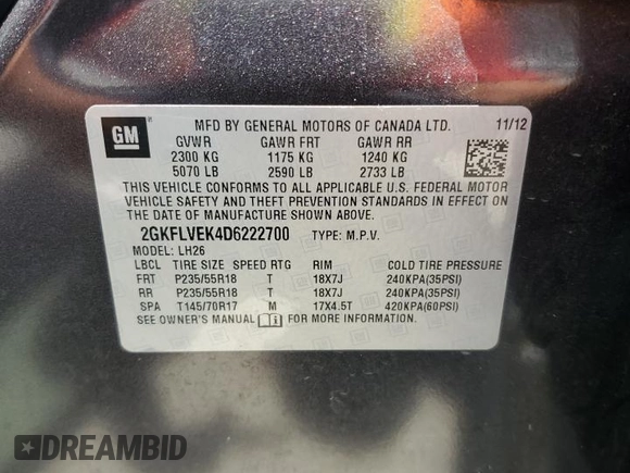 2013 GMC Terrain SLT with VIN 2GKFLVEK4D6222700, listed as a Copart auction lot 61719455 with 125,271 mi miles and Salvage title. Bid and sale history available at DreamBid. Image 12.