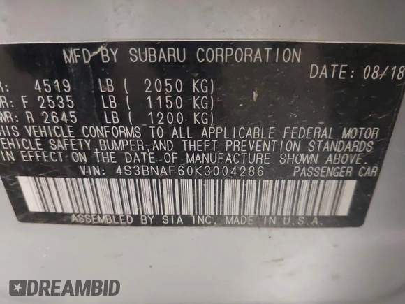 2019 Subaru Legacy Premium with VIN 4S3BNAF60K3004286, listed as a IAAI auction lot 42504034 with 43,617 mi miles and . Bid and sale history available at DreamBid. Image 9.