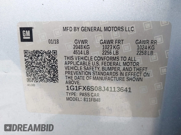 2018 Chevrolet Bolt EV Premier with VIN 1G1FX6S08J4113641, listed as a IAAI auction lot 41681041 with 81,390 mi miles. Bid and sale history available at carsss.com. Image 9.
