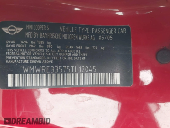 2005 MINI Hardtop S with VIN WMWRE33575TL12045, listed as a IAAI auction lot 42110930 with 192,964 mi miles and . Bid and sale history available at DreamBid. Image 9.