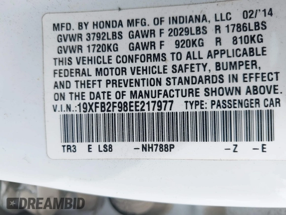 2014 Honda Civic EX-L with VIN 19XFB2F98EE217977, listed as a IAAI auction lot 41868254 with 220,906 mi miles and . Bid and sale history available at DreamBid. Image 8.