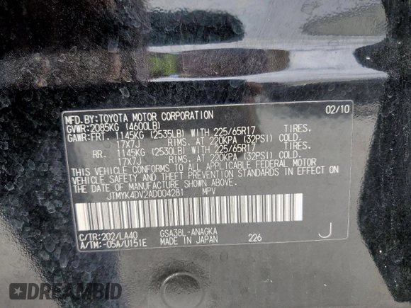 2010 Toyota RAV4 Limited with VIN JTMYK4DV2AD004281, listed as a Copart auction lot 58244815 with 137,913 mi miles and Salvage title. Bid and sale history available at DreamBid. Image 13.