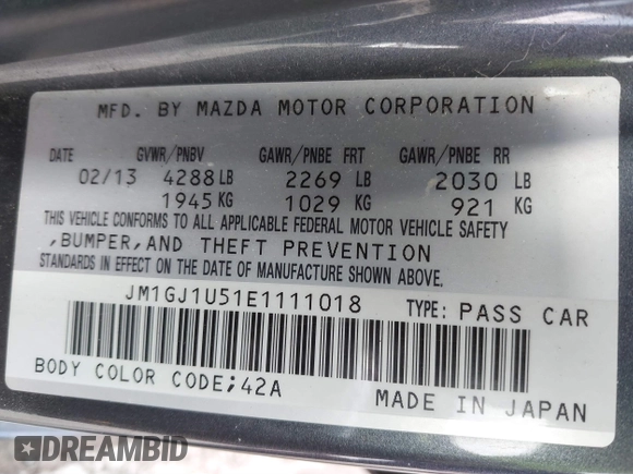 2014 Mazda 6 i Sport with VIN JM1GJ1U51E1111018, listed as a IAAI auction lot 41875461 with 253,755 mi miles and . Bid and sale history available at DreamBid. Image 9.