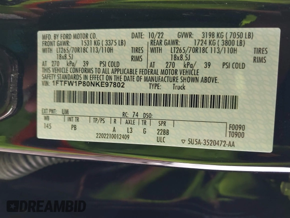 2022 Ford F-150 with VIN 1FTFW1P80NKE97802, listed as a IAAI auction lot 41622364 with Not provided miles and . Bid and sale history available at DreamBid. Image 9.