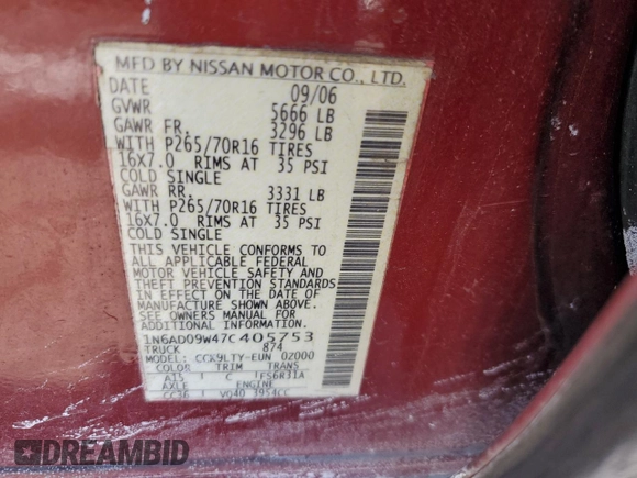 2007 Nissan Frontier SE with VIN 1N6AD09W47C405753, listed as a Copart auction lot 87761795 with 161,175 mi miles and Salvage Title. Bid and sale history available at carsss.com. Image 12.