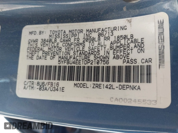 2013 Toyota Corolla L with VIN 5YFBU4EE1DP210756, listed as a IAAI auction lot 41629445 with 109,448 mi miles. Bid and sale history available at carsss.com. Image 9.