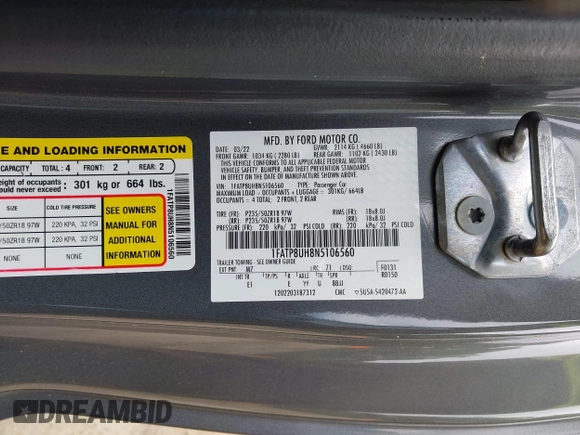 2022 Ford Mustang EcoBoost с VIN 1FATP8UH8N5106560, выставлен на аукционе IAAI как лот 42287730 с пробегом 78 577 миль миль и . История ставок и продаж доступна на DreamBid. Изображение 9.