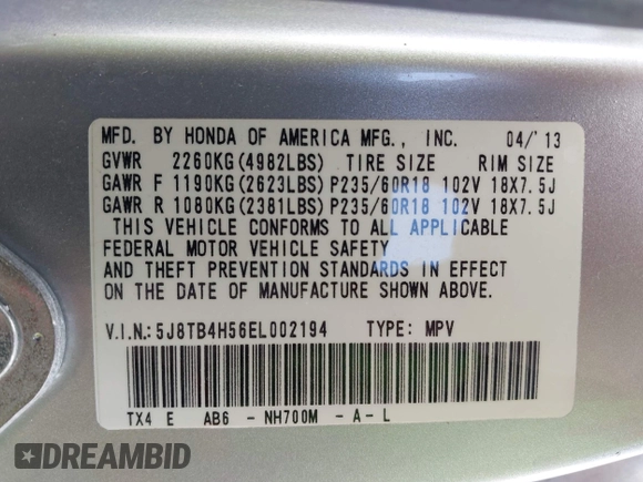 2014 Acura RDX Technology with VIN 5J8TB4H56EL002194, listed as a IAAI auction lot 42096037 with 209,439 mi miles and . Bid and sale history available at DreamBid. Image 9.