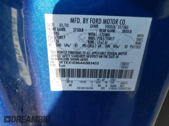 2010 Ford F-150 XL with VIN 1FTEX1E86AKB83433, listed as a Copart auction lot 64221855 with 294,443 mi miles and Salvage title. Bid and sale history available at DreamBid. Image 12.