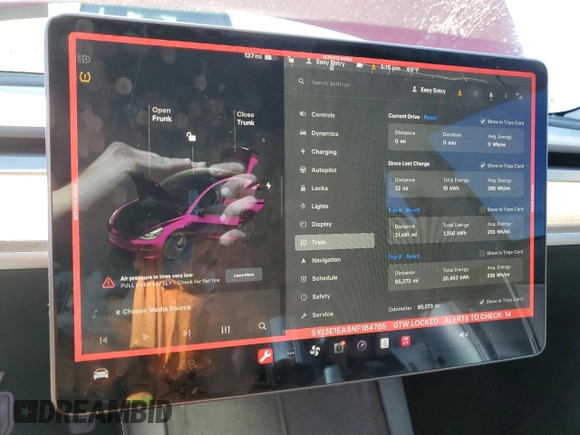 2022 Tesla Model 3 with VIN 5YJ3E1EA5NF184785, listed as a Copart auction lot 49466575 with 85,273 mi miles and Salvage Title. Bid and sale history available at DreamBid. Image 9.