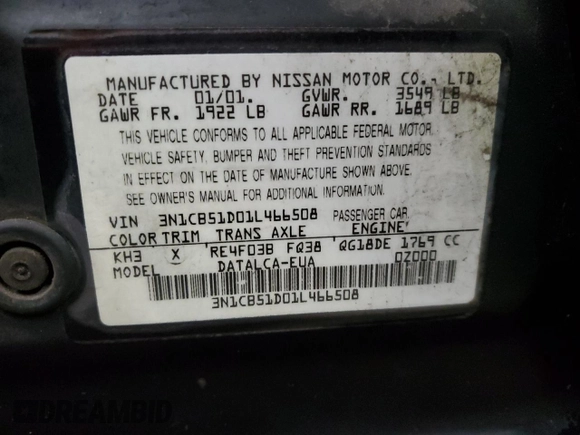 2001 Nissan Sentra GXE z VIN 3N1CB51D01L466508, wystawiony jako Copart lot #42597405 z przebiegiem 185 670 mil mil oraz Szkoda całkowita • Salvage title. Historia ofert i sprzedaży dostępna na DreamBid. Obrazek 13.