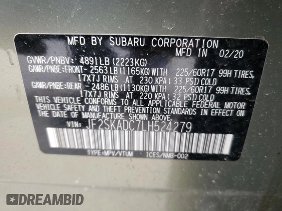 2020 Subaru Forester with VIN JF2SKADC7LH524279, listed as a Copart auction lot 48064225 with 46,633 mi miles and Salvage Title. Bid and sale history available at carsss.com. Image 13.