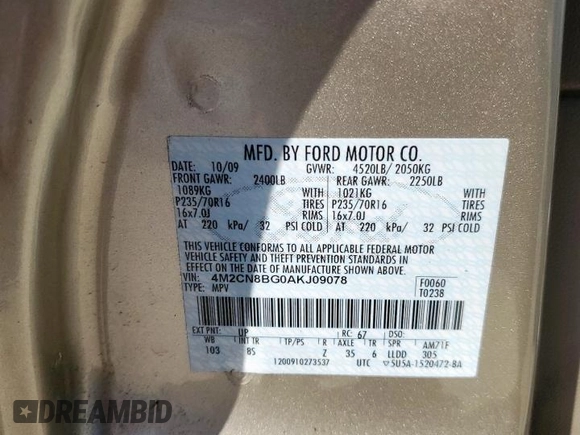 2010 Mercury Mariner with VIN 4M2CN8BG0AKJ09078, listed as a Copart auction lot 52863705 with 98,350 mi miles and Salvage title. Bid and sale history available at DreamBid. Image 14.