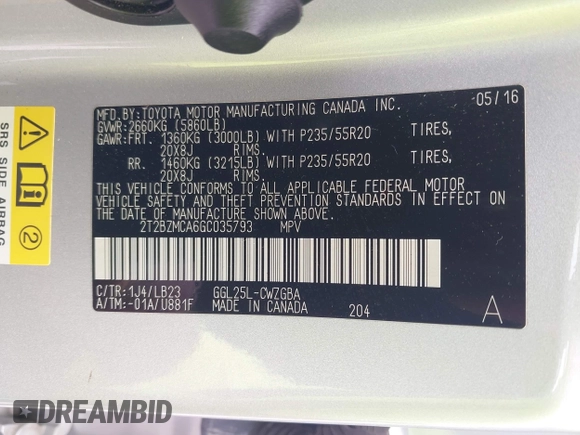 2016 Lexus RX 350 with VIN 2T2BZMCA6GC035793, listed as a IAAI auction lot 42049370 with 136,116 mi miles and . Bid and sale history available at DreamBid. Image 9.