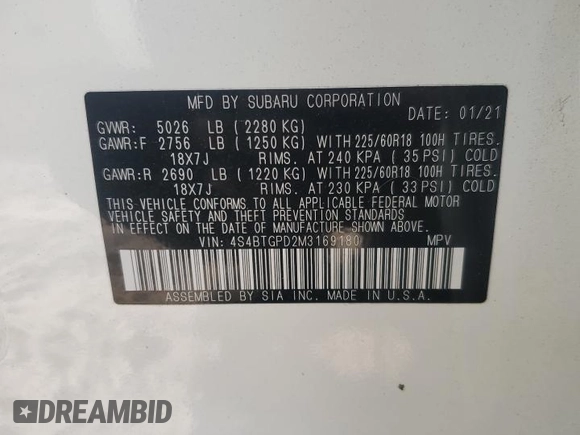 2021 Subaru Outback Touring XT with VIN 4S4BTGPD2M3169180, listed as a Copart auction lot 62738905 with 34,574 mi miles and Salvage title. Bid and sale history available at DreamBid. Image 13.