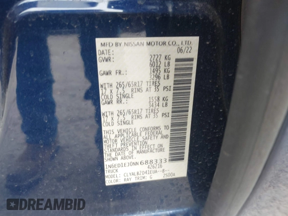 2022 Nissan Frontier SV с VIN 1N6ED1EJ0NN688333, выставлен на аукционе IAAI как лот 42028855 с пробегом 50 507 миль миль и . История ставок и продаж доступна на DreamBid. Изображение 9.