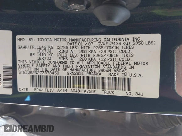 2007 Toyota Tacoma PreRunner with VIN 5TEJU62N27Z378450, listed as a IAAI auction lot 41764187 with 143,735 mi miles and . Bid and sale history available at DreamBid. Image 9.
