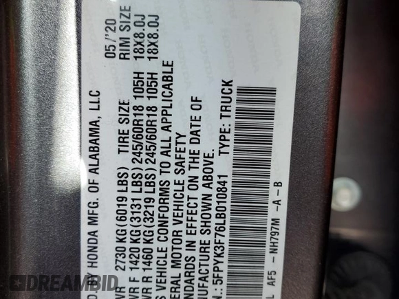 2020 Honda Ridgeline RTL-E with VIN 5FPYK3F76LB010841, listed as a Copart auction lot 67267635 with 53,055 mi miles and Salvage title. Bid and sale history available at DreamBid. Image 12.