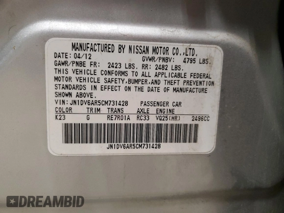 2012 Infiniti G25 x z VIN JN1DV6AR5CM731428, wystawiony jako Copart lot #51522215 z przebiegiem 141 575 mil mil oraz Nie do naprawy • Non repairable. Historia ofert i sprzedaży dostępna na DreamBid. Obrazek 12.