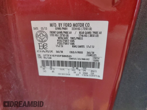 2013 Ford F-150 XL with VIN 1FTFX1EF0DFB86523, listed as a Copart auction lot 53498135 with 460,305 mi miles and Salvage title. Bid and sale history available at DreamBid. Image 12.