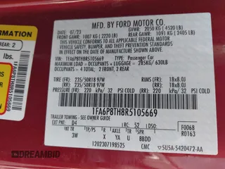 2024 Ford Mustang EcoBoost with VIN 1FA6P8TH8R5105669, listed as a IAAI auction lot 42054790 with Not provided miles and . Bid and sale history available at DreamBid. Image 9.