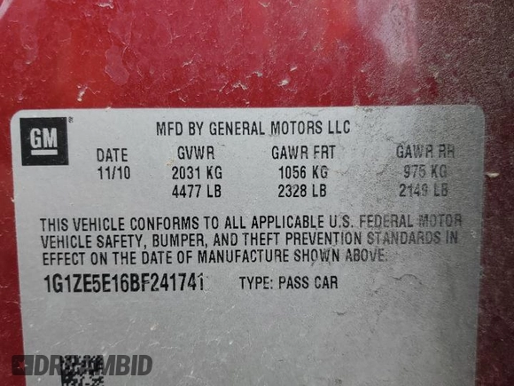 2011 Chevrolet Malibu LTZ with VIN 1G1ZE5E16BF241741, listed as a Copart auction lot 51133865 with 159,778 mi miles and Non Repairable. Bid and sale history available at DreamBid. Image 12.