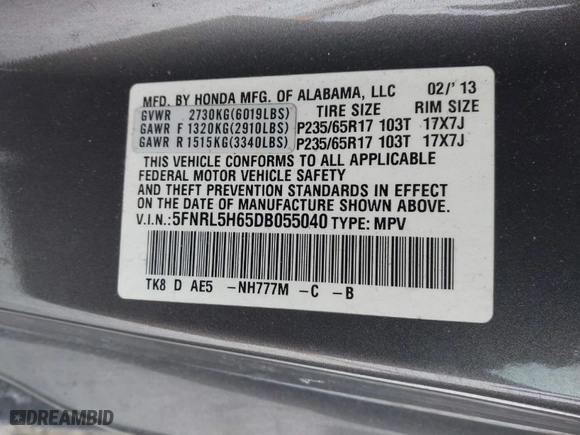 2013 Honda Odyssey EX-L with VIN 5FNRL5H65DB055040, listed as a IAAI auction lot 41615182 with 246,225 mi miles. Bid and sale history available at carsss.com. Image 9.