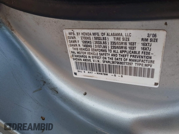 2006 Honda Odyssey EX-L with VIN 5FNRL38796B077297, listed as a IAAI auction lot 41492810 with 292,164 mi miles and . Bid and sale history available at carsss.com. Image 9.