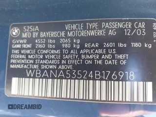 2004 BMW 5 Series 525i with VIN WBANA53524B176918, listed as a IAAI auction lot 41969210 with Not Provided miles and . Bid and sale history available at DreamBid. Image 9.
