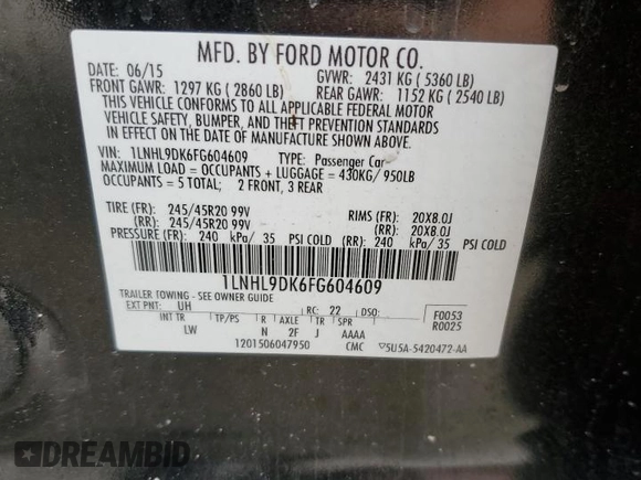 2015 Lincoln MKS z VIN 1LNHL9DK6FG604609, wystawiony jako Copart lot #56243135 z przebiegiem 82 622 mil mil oraz Szkoda całkowita • Salvage title. Historia ofert i sprzedaży dostępna na DreamBid. Obrazek 12.