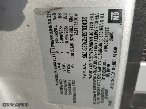 2007 Pontiac Torrent with VIN 2CKDL63F276251785, listed as a Copart auction lot 76025334 with 141072 miles and Salvage Title. Bid and sale history available at carsss.com. Image 14.